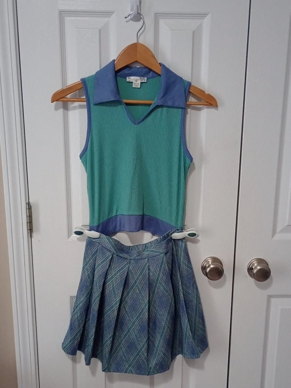 Knitworks Green & Blue Collared Knit Dress with Pleated Plaid Skirt